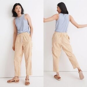 Madewell Tapered Huston Pull On Linen Crop Pants in Golden Plume Stripe Sz Small